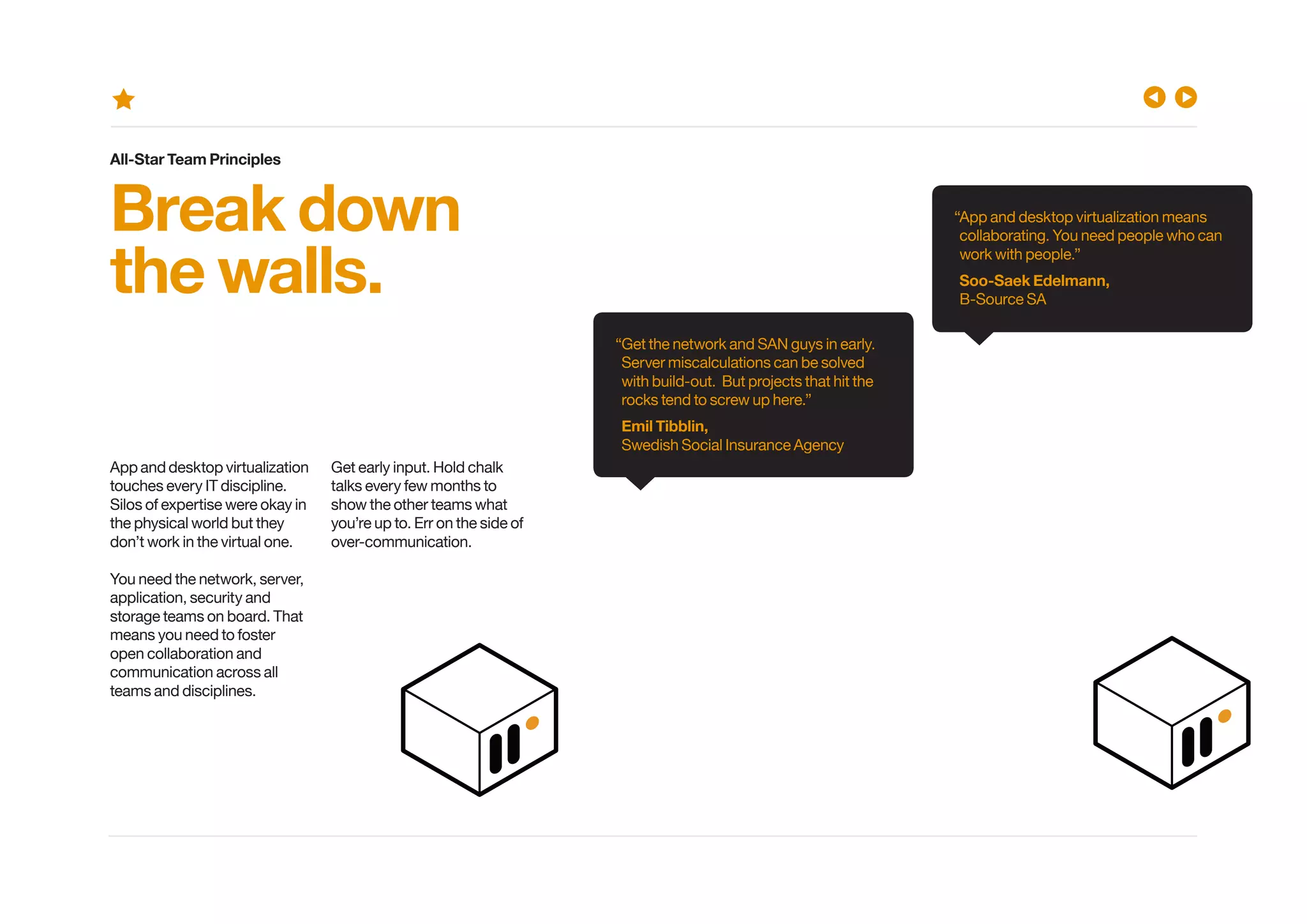All-Star Team Principles 
Break down 
the walls. 
App and desktop virtualization 
touches every IT discipline. 
Silos of expertise were okay in 
the physical world but they 
don’t work in the virtual one. 
You need the network, server, 
application, security and 
storage teams on board. That 
means you need to foster 
open collaboration and 
communication across all 
teams and disciplines. 
Get early input. Hold chalk 
talks every few months to 
show the other teams what 
you’re up to. Err on the side of 
over-communication. 
“ App and desktop virtualization means 
collaborating. You need people who can 
work with people.” 
Soo-Saek Edelmann, 
B-Source SA 
“ Get the network and SAN guys in early. 
Server miscalculations can be solved 
with build-out. But projects that hit the 
rocks tend to screw up here.” 
Emil Tibblin, 
Swedish Social Insurance Agency 
 