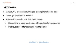 @jwfbean | @conﬂuentinc
14
Workers
● Actual JVM processes running on a computer of some kind
● Tasks get allocated to workers
● Can run in standalone or distributed mode
○ Standalone is good for dev, one-offs, and conference demos
○ Distributed good for scale and fault tolerance
 