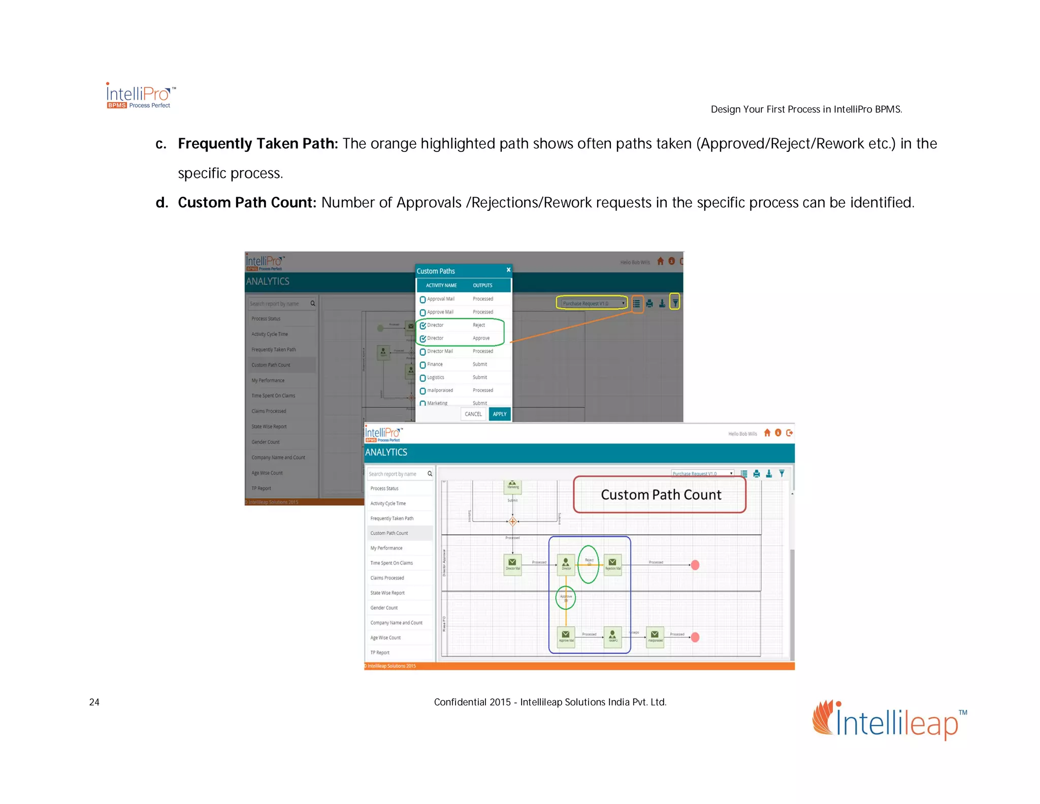 Design Your First Process in IntelliPro BPMS.
24 Confidential 2015 - Intellileap Solutions India Pvt. Ltd.
c. Frequently Taken Path: The orange highlighted path shows often paths taken (Approved/Reject/Rework etc.) in the
specific process.
d. Custom Path Count: Number of Approvals /Rejections/Rework requests in the specific process can be identified.
 