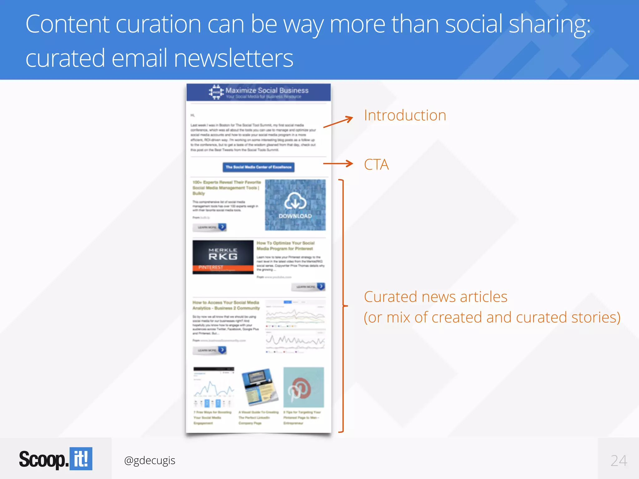@gdecugis 24
Content curation can be way more than social sharing:
curated email newsletters
Introduction
CTA
Curated news articles
(or mix of created and curated stories)
 