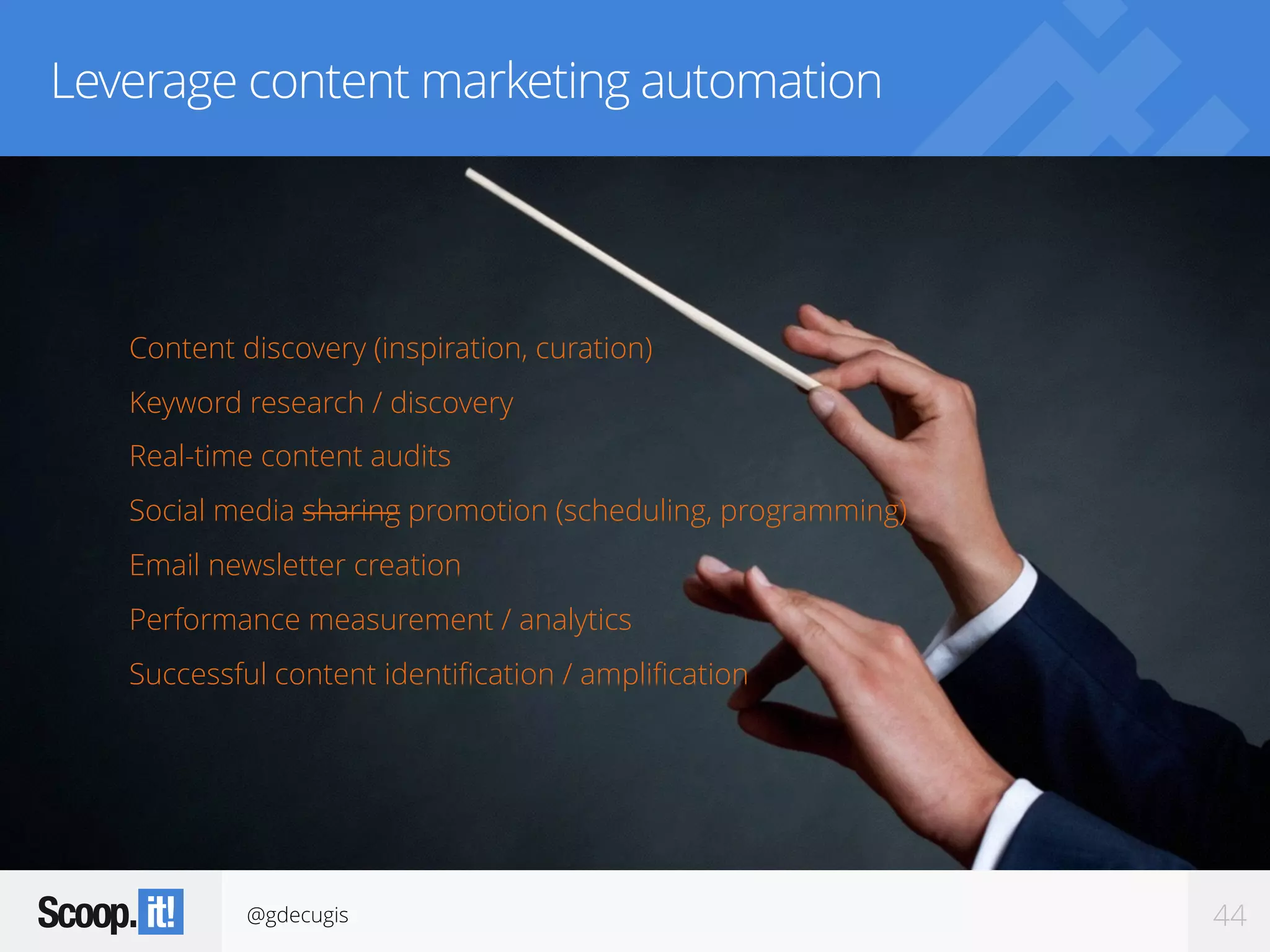 @gdecugis 44
Leverage content marketing automation
Content discovery (inspiration, curation)
Keyword research / discovery
Real-time content audits
Social media sharing promotion (scheduling, programming)
Email newsletter creation
Performance measurement / analytics
Successful content identification / amplification
 
