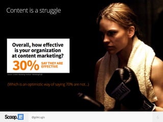 @gdecugis 6
Content is a struggle
Source: Content Marketing Institute / MarketingProfs
(Which is an optimistic way of saying 70% are not…)
 