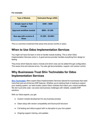 For example:
Type of Module Estimated Range (USD)
Simple report or field
change
$300 – $500
Approval workflow module $800 – $1,200
New app with screens &
flows
$1,500 – $3,000+
This is a one-time investment that saves time across months or years.
When to Use Odoo Implementation Services
You might not have the team or time to handle module building. This is when Odoo
Implementation Services come in. A good service provider handles everything from design to
testing.
They know which features need a module and which ones can be added through configuration.
This saves time and reduces errors. You also get documentation, support, and version control.
Why Businesses Trust Shiv Technolabs for Odoo
Implementation Services
Shiv Technolabs offers expert Odoo Implementation Services tailored for businesses that need
more than just out-of-the-box ERP features. Whether you're starting fresh or looking to extend
your existing system, our team builds custom Odoo modules that match your unique workflows.
We don’t just write code—we solve real business challenges with reliable, scalable ERP
solutions.
With our Odoo experts, you get:
● Custom module development for any business process
● Clean setup with version compatibility and future-proof structure
● Full testing and rollout support with no disruption to your live system
● Ongoing support, training, and updates
 