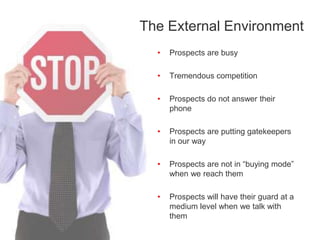 The External Environment
• Prospects are busy
• Tremendous competition
• Prospects do not answer their
phone
• Prospects are putting gatekeepers
in our way
• Prospects are not in “buying mode”
when we reach them
• Prospects will have their guard at a
medium level when we talk with
them
 
