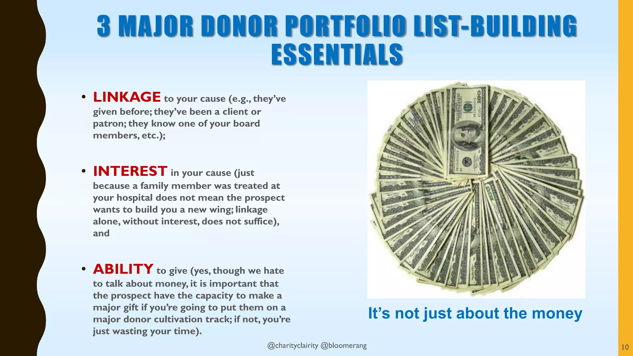 3 MAJOR DONOR PORTFOLIO LIST-BUILDING
ESSENTIALS
• LINKAGE to your cause (e.g., they’ve
given before; they’ve been a client or
patron; they know one of your board
members, etc.);
• INTEREST in your cause (just
because a family member was treated at
your hospital does not mean the prospect
wants to build you a new wing; linkage
alone, without interest, does not suffice),
and
• ABILITY to give (yes, though we hate
to talk about money, it is important that
the prospect have the capacity to make a
major gift if you’re going to put them on a
major donor cultivation track; if not, you’re
just wasting your time).
It’s not just about the money
10@charityclairity @bloomerang
 