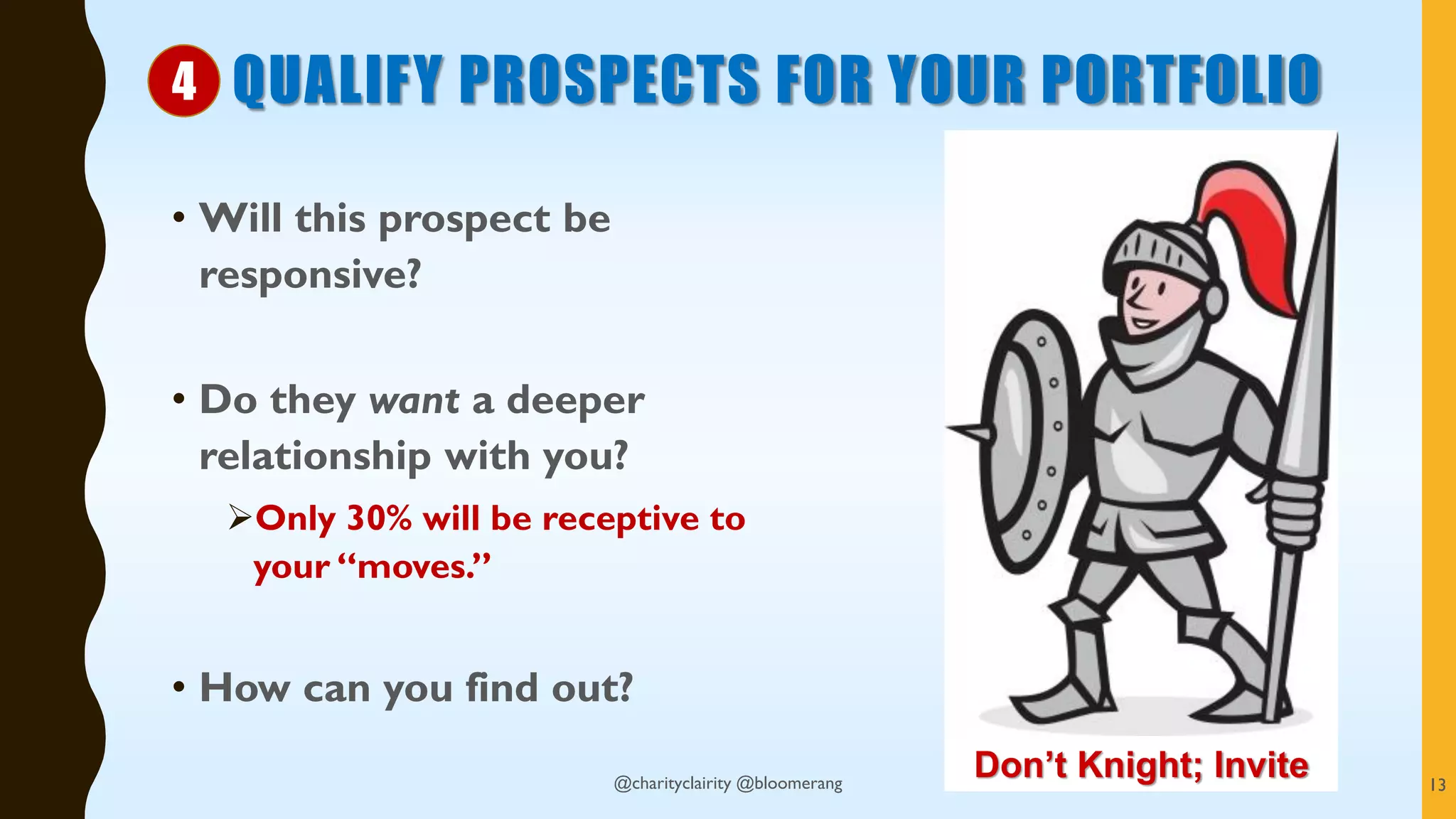 QUALIFY PROSPECTS FOR YOUR PORTFOLIO
• Will this prospect be
responsive?
• Do they want a deeper
relationship with you?
Only 30% will be receptive to
your “moves.”
• How can you find out?
Don’t Knight; Invite
4
13@charityclairity @bloomerang
 