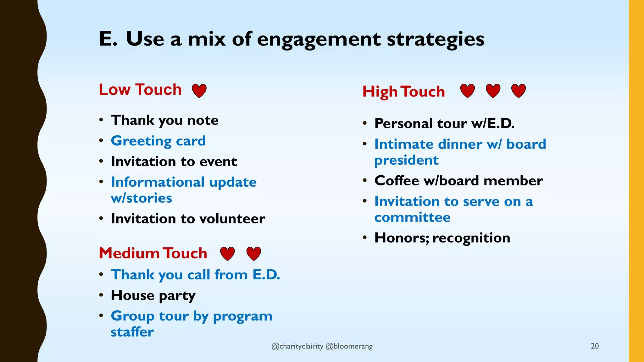 • Thank you note
• Greeting card
• Invitation to event
• Informational update
w/stories
• Invitation to volunteer
MediumTouch
• Thank you call from E.D.
• House party
• Group tour by program
staffer
HighTouch
• Personal tour w/E.D.
• Intimate dinner w/ board
president
• Coffee w/board member
• Invitation to serve on a
committee
• Honors; recognition
Low Touch
E. Use a mix of engagement strategies
20@charityclairity @bloomerang
 