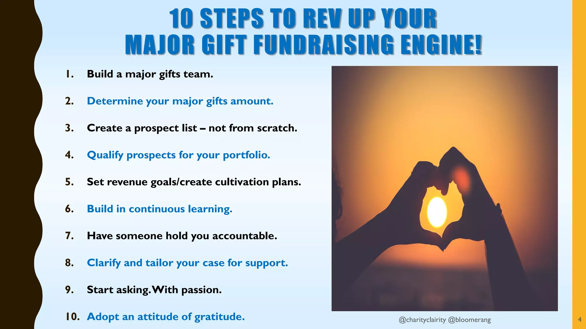 10 STEPS TO REV UP YOUR
MAJOR GIFT FUNDRAISING ENGINE!
1. Build a major gifts team.
2. Determine your major gifts amount.
3. Create a prospect list – not from scratch.
4. Qualify prospects for your portfolio.
5. Set revenue goals/create cultivation plans.
6. Build in continuous learning.
7. Have someone hold you accountable.
8. Clarify and tailor your case for support.
9. Start asking.With passion.
10. Adopt an attitude of gratitude. 4@charityclairity @bloomerang
 