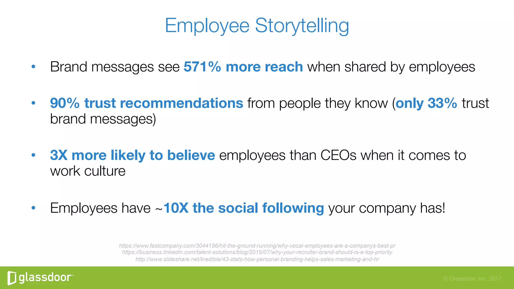 © Glassdoor, Inc. 2017
Employee Storytelling
•  Brand messages see 571% more reach when shared by employees
•  90% trust recommendations from people they know (only 33% trust
brand messages)
•  3X more likely to believe employees than CEOs when it comes to
work culture
•  Employees have ~10X the social following your company has!
https://www.fastcompany.com/3044156/hit-the-ground-running/why-vocal-employees-are-a-companys-best-pr
https://business.linkedin.com/talent-solutions/blog/2015/07/why-your-recruiter-brand-should-is-a-top-priority
http://www.slideshare.net/kredible/43-stats-how-personal-branding-helps-sales-marketing-and-hr
 