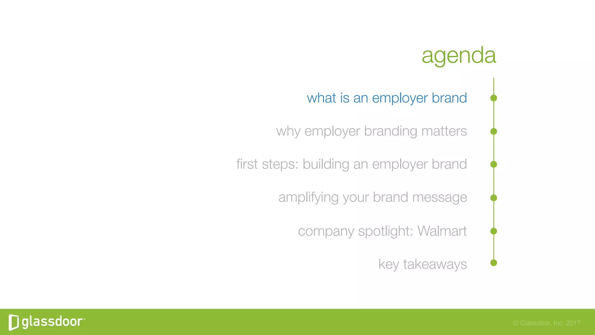 © Glassdoor, Inc. 2017
agenda
what is an employer brand
why employer branding matters
ﬁrst steps: building an employer brand
amplifying your brand message
company spotlight: Walmart
key takeaways
 