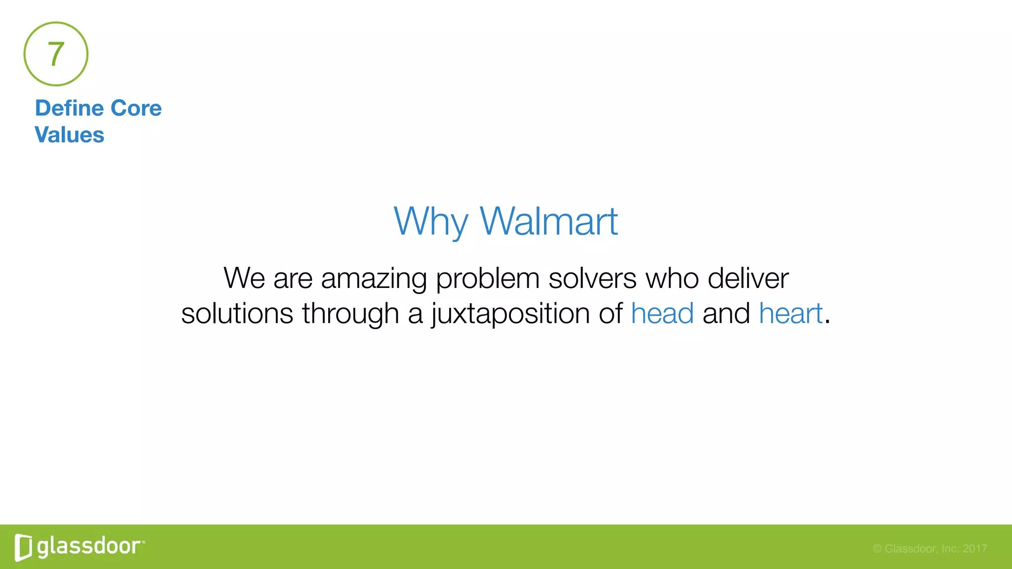 © Glassdoor, Inc. 2017
Why Walmart
We are amazing problem solvers who deliver
solutions through a juxtaposition of head and heart.
Deﬁne Core
Values
7
 