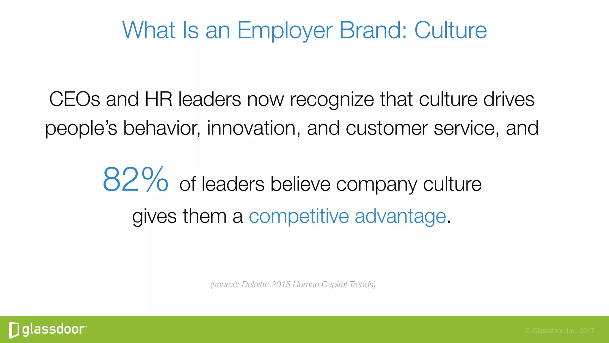 © Glassdoor, Inc. 2017
What Is an Employer Brand: Culture
CEOs and HR leaders now recognize that culture drives
people’s behavior, innovation, and customer service, and 
82% of leaders believe company culture"
gives them a competitive advantage.
 (source: Deloitte 2015 Human Capital Trends)
 