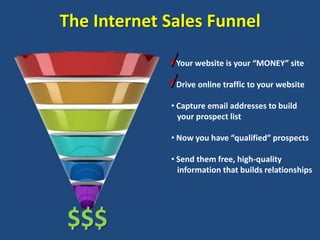 The Internet Sales Funnel

             • Your website is your “MONEY” site

             • Drive online traffic to your website

             • Capture email addresses to build
               your prospect list

             • Now you have “qualified” prospects

             • Send them free, high-quality
               information that builds relationships




$$$
 