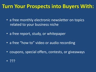 Turn Your Prospects into Buyers With:

 • a free monthly electronic newsletter on topics
   related to your business niche

 • a free report, study, or whitepaper

 • a free “how to” video or audio recording

 • coupons, special offers, contests, or giveaways

 • ???
 