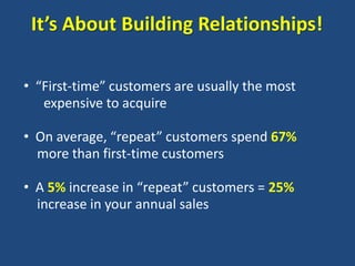 It’s About Building Relationships!

• “First-time” customers are usually the most
   expensive to acquire

• On average, “repeat” customers spend 67%
  more than first-time customers

• A 5% increase in “repeat” customers = 25%
  increase in your annual sales
 