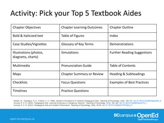 Chapter Objectives Chapter Learning Outcomes Chapter Outline
Bold & Italicized text Table of Figures Index
Case Studies/Vignettes Glossary of Key Terms Demonstrations
Illustrations (photos,
diagrams, charts)
Simulations Further Reading Suggestions
Multimedia Pronunciation Guide Table of Contents
Maps Chapter Summary or Review Heading & Subheadings
Checklists Focus Questions Examples of Best Practices
Timelines Practice Questions
Weiten, W., Guadagno, R. E., & Beck, C. A. (1996). Student’s Perceptions of Textbook Pedagogical Aids. Teaching of Psychology, 23(2), 105-107. doi:10.1207/s15328023top2302_8
Gurung, R. A. R. (2004). Pedagogical Aids: Learning Enhancers or Dangerous Detours? Teaching of Psychology, 31(3), 164-166. doi:10.1207/s15328023top3103_1
Gurung, R. A. R. (2003). Pedagogical Aids and Student Performance. Teaching of Psychology, 30(2), 92-95. doi:10.1207/S15328023TOP3002_01
Activity: Pick your Top 5 Textbook Aides
 