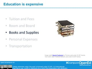 open.bccampus.ca
Unless otherwise noted, this work is licensed under CC-BY. 4.0 International.
Feel free to use, modify or distribute any or all of this presentation with attribution.
Education is expensive
Image credit: Beyond Textbooks by Thomas used under CC-BY license.
Text credit: Open Textbook Network used under CC-BY license.
• Tuition and Fees
• Room and Board
• Books and Supplies
• Personal Expenses
• Transportation
 