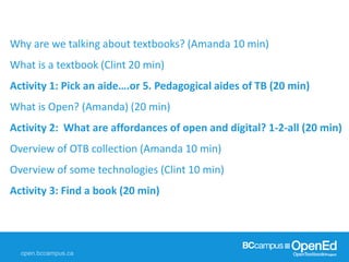 Why are we talking about textbooks? (Amanda 10 min)
What is a textbook (Clint 20 min)
Activity 1: Pick an aide….or 5. Peda...