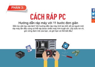 Hướng dẫn ráp máy với 11 bước đơn giản
Đến lúc xắn tay vào làm! Với hướng dẫn ráp máy tính tại chỗ, kể cả người mới
ráp máy lần đầu cũng có thể ráp được chiếc máy tính tuyệt vời. Lấy tuốc nơ vít,
giữ vững đam mê của bạn, và giờ bạn có thể bắt đầu!
PHẦN 3:
 