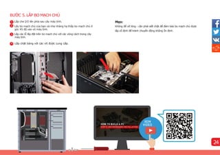 BƯỚC 5. LẮP BO MẠCH CHỦ
Mẹo:
Không để vít lỏng - cần phải siết chặt để đảm bảo bo mạch chủ được
lắp cố định để tránh chuyển động không ổn định.
1 Lắp che I/O lên phí
a sau cây máy tí
nh.
2 Lấy bo mạch chủ của bạn và nhẹ nhàng hạ thấp bo mạch chủ ở
góc 45 độ vào vỏ máy tí
nh.
3 Lắp các lỗ lắp đặt trên bo mạch chủ với các vòng cách trong cây
máy tí
nh.
Lắp chặt bảng với các vít được cung cấp.
2
3
4
24
 