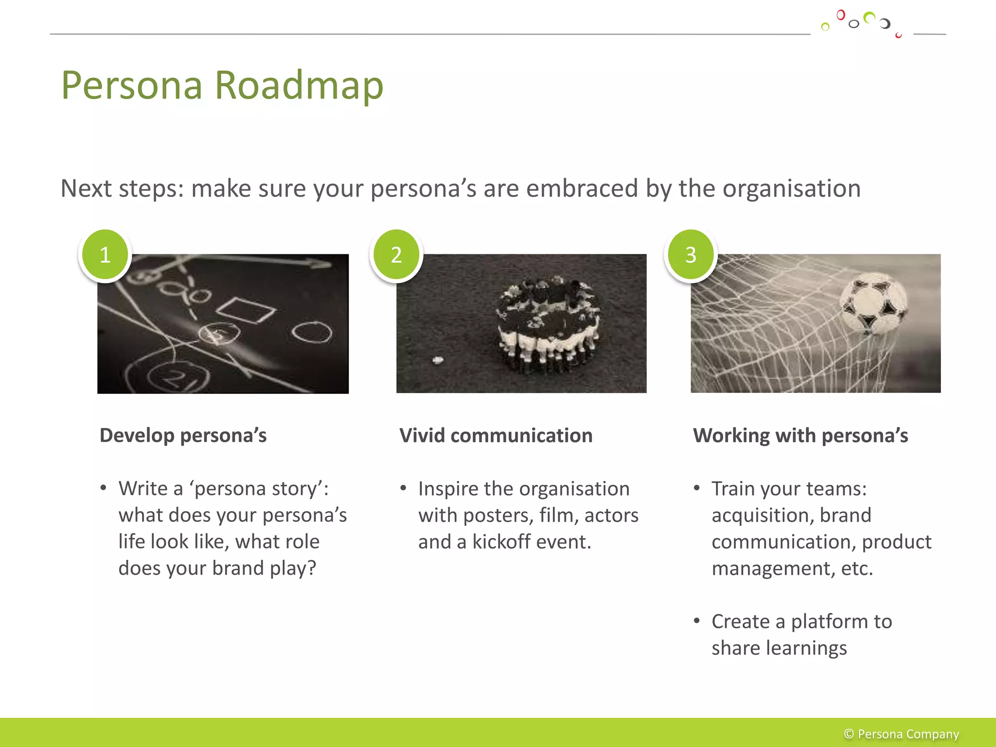 Persona Roadmap

Next steps: make sure your persona’s are embraced by the organisation

   1                             2                              3




   Develop persona’s             Vivid communication            Working with persona’s

   • Write a ‘persona story’:    • Inspire the organisation     • Train your teams:
     what does your persona’s      with posters, film, actors     acquisition, brand
     life look like, what role     and a kickoff event.           communication, product
     does your brand play?                                        management, etc.

                                                                • Create a platform to
                                                                  share learnings


                                                                                © Persona Company
 