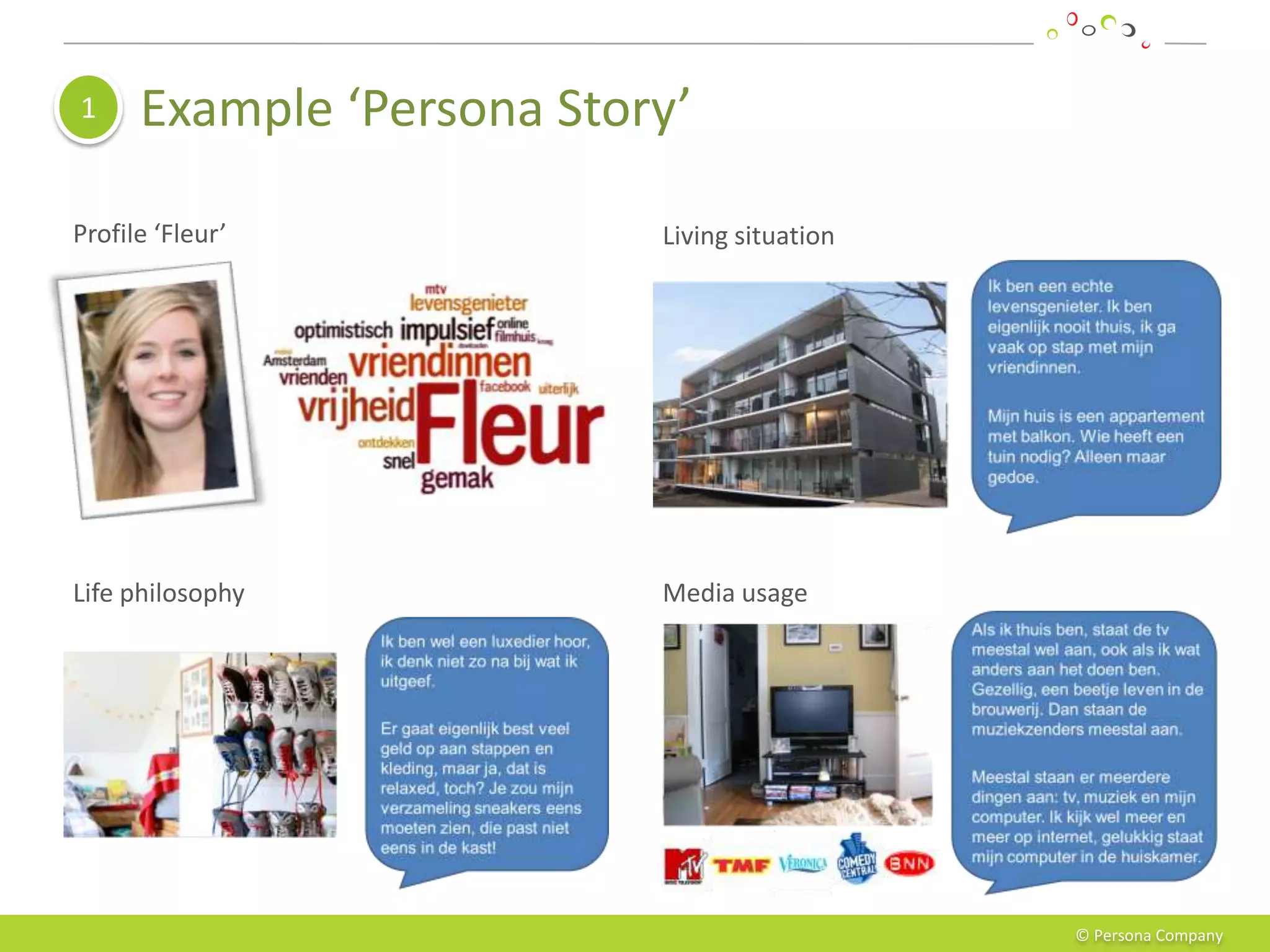 1     Example ‘Persona Story’

Profile ‘Fleur’            Living situation




Life philosophy            Media usage




                                              © Persona Company
 