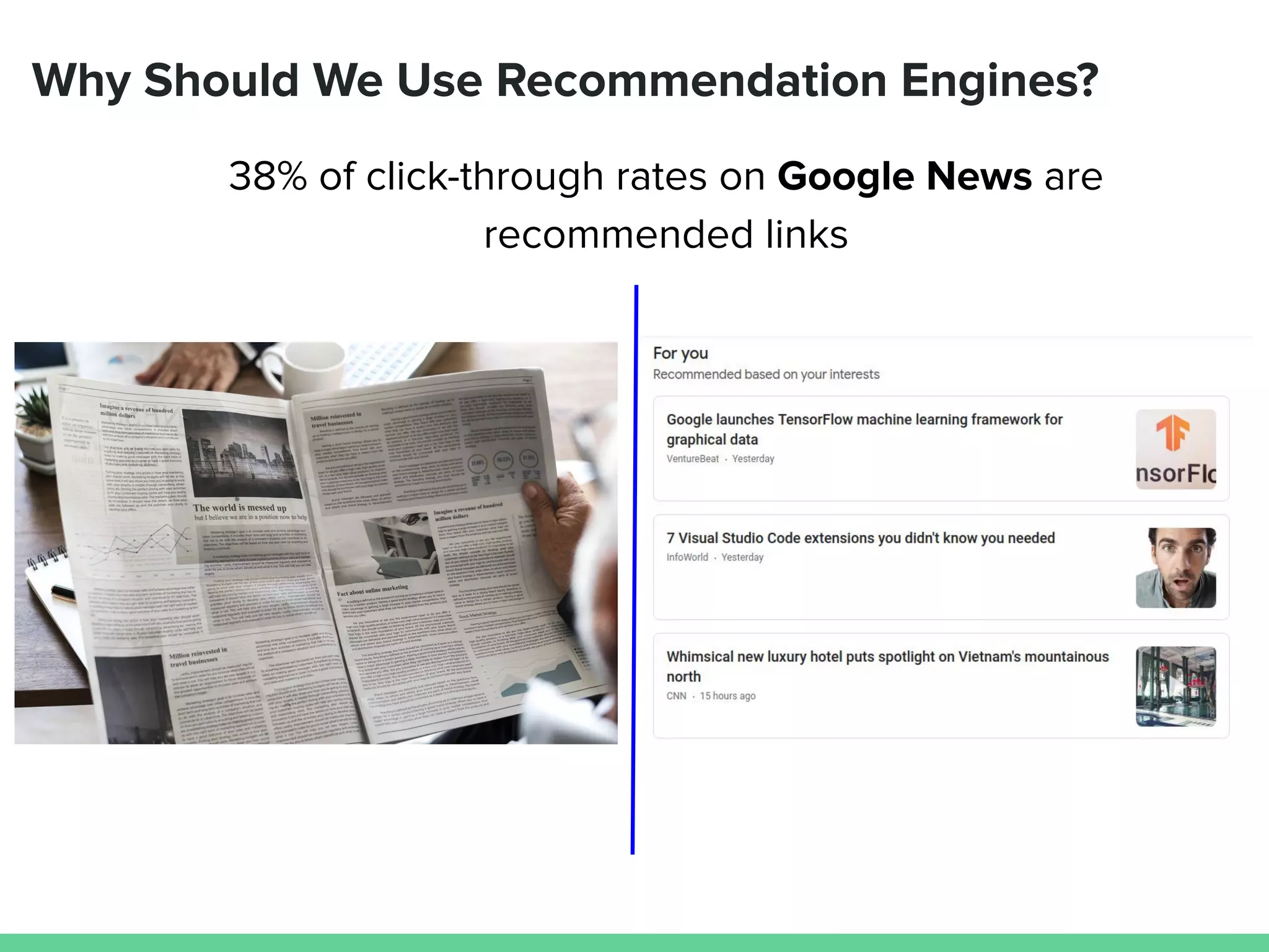 Why Should We Use Recommendation Engines?
38% of click-through rates on Google News are
recommended links
 