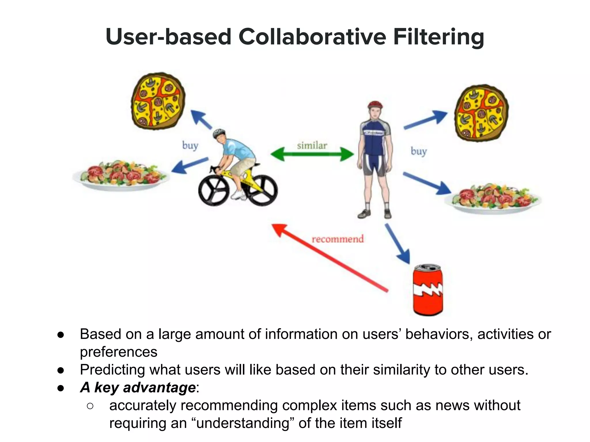User-based Collaborative Filtering
● Based on a large amount of information on users’ behaviors, activities or
preferences
● Predicting what users will like based on their similarity to other users.
● A key advantage:
○ accurately recommending complex items such as news without
requiring an “understanding” of the item itself
 