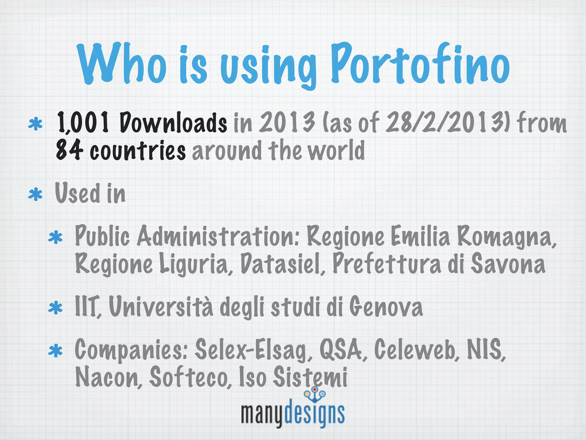 Who is using Portofino
1,001 Downloads in 2013 (as of 28/2/2013) from
84 countries around the world
Used in
 Public Administration: Regione Emilia Romagna,
 Regione Liguria, Datasiel, Prefettura di Savona
 IIT, Università degli studi di Genova
 Companies: Selex-Elsag, QSA, Celeweb, NIS,
 Nacon, Softeco, Iso Sistemi
 