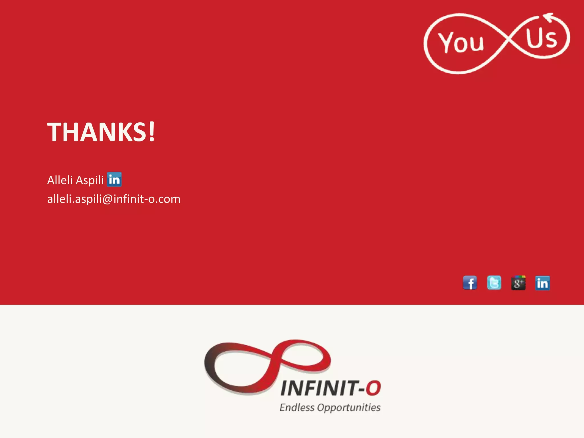 THANKS!
Alleli Aspili
alleli.aspili@infinit-o.com
 