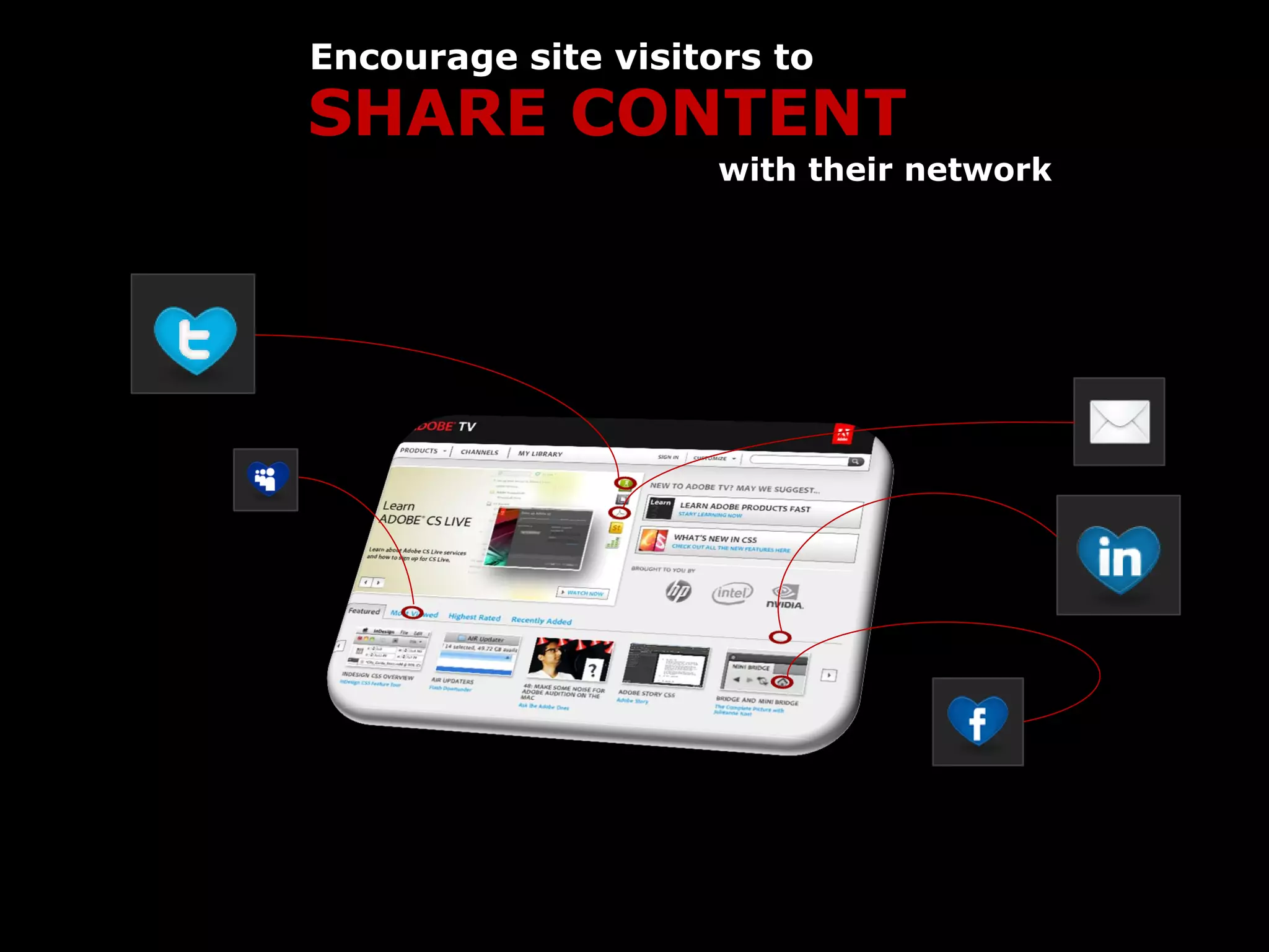 Encourage site visitors to
SHARE CONTENT
                     with their network
 