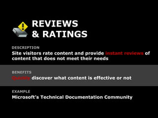 REVIEWS
           & RATINGS
DESCRIPTION
Site visitors rate content and provide instant reviews of
content that does not meet their needs


BENEFITS
Quickly discover what content is effective or not


EXAMPLE
Microsoft’s Technical Documentation Community
 