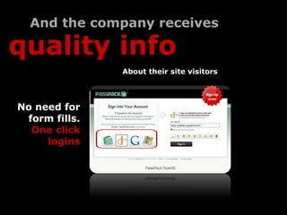 And the company receives

quality info
               About their site visitors




No need for
 form fills.
  One click
     logins
 