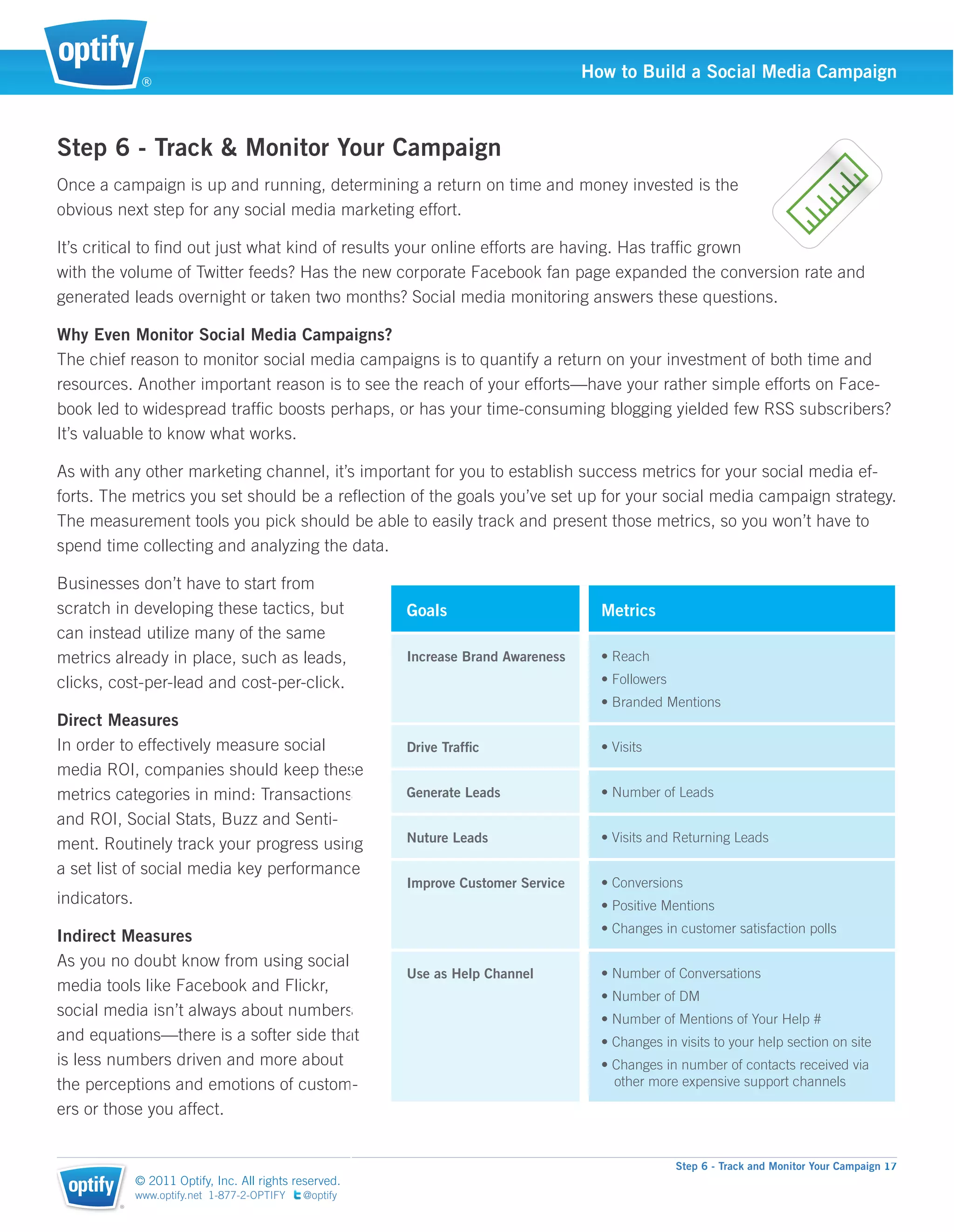 ®
                                                                                    How to Build a Social Media Campaign



Step 6 - Track & Monitor Your Campaign
Once a campaign is up and running, determining a return on time and money invested is the
obvious next step for any social media marketing effort.

It’s critical to ﬁnd out just what kind of results your online efforts are having. Has trafﬁc grown
with the volume of Twitter feeds? Has the new corporate Facebook fan page expanded the conversion rate and
generated leads overnight or taken two months? Social media monitoring answers these questions.

Why Even Monitor Social Media Campaigns?
The chief reason to monitor social media campaigns is to quantify a return on your investment of both time and
resources. Another important reason is to see the reach of your efforts—have your rather simple efforts on Face-
book led to widespread trafﬁc boosts perhaps, or has your time-consuming blogging yielded few RSS subscribers?
It’s valuable to know what works.

As with any other marketing channel, it’s important for you to establish success metrics for your social media ef-
forts. The metrics you set should be a reﬂection of the goals you’ve set up for your social media campaign strategy.
The measurement tools you pick should be able to easily track and present those metrics, so you won’t have to
spend time collecting and analyzing the data.

Businesses don’t have to start from
scratch in developing these tactics, but                 Goals                        Metrics
can instead utilize many of the same
metrics already in place, such as leads,                 Increase Brand Awareness
clicks, cost-per-lead and cost-per-click.

Direct Measures
In order to effectively measure social                   Drive Trafﬁc
media ROI, companies should keep these
metrics categories in mind: Transactions                 Generate Leads
and ROI, Social Stats, Buzz and Senti-
ment. Routinely track your progress using                Nuture Leads

a set list of social media key performance
                                                         Improve Customer Service
indicators.

Indirect Measures
As you no doubt know from using social
                                                         Use as Help Channel
media tools like Facebook and Flickr,
social media isn’t always about numbers
and equations—there is a softer side that
is less numbers driven and more about
the perceptions and emotions of custom-                                                other more expensive support channels

ers or those you affect.


                                                                                                Step 6 - Track and Monitor Your Campaign 17
              © 2011 Optify, Inc. All rights reserved.
              www.optify.net 1-877-2-OPTIFY   @optify
         ®
 