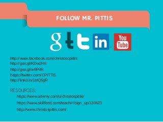 FOLLOW MR. PITTIS 
http://www.facebook.com/christoscpittis 
http://goo.gl/KDw2H6 
http://goo.gl/w8PiIR 
https://twitter.com/CPITTIS 
http://linkd.in/1stQ5gR 
RESOURCES: 
https://www.udemy.com/u/christospittis/ 
https://www.skillfeed.com/teach#!/sign_up/130623 
http://www.christospittis.com/ 
 