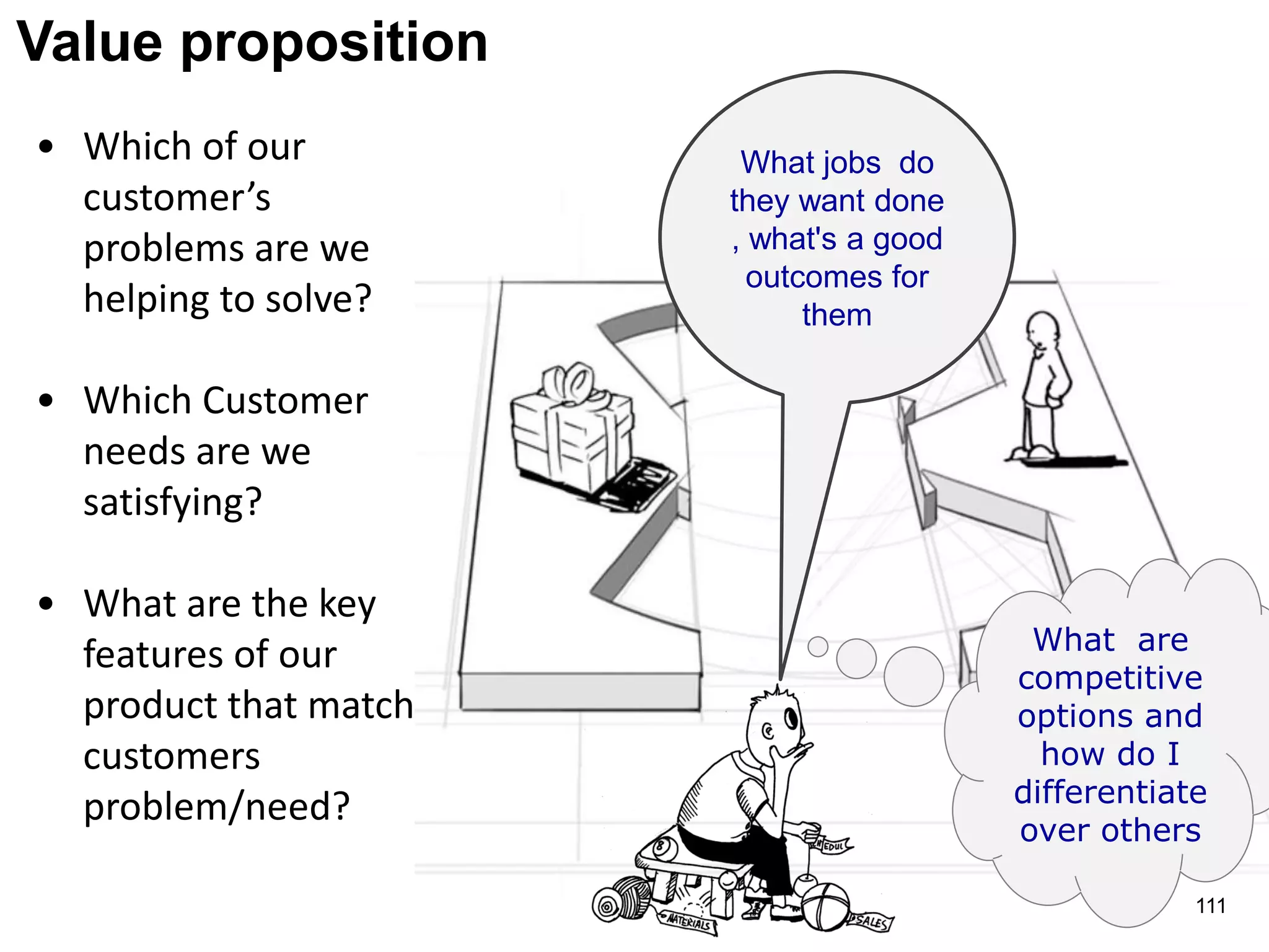 Value proposition
• Which of our
customer’s
problems are we
helping to solve?
• Which Customer
needs are we
satisfying?
• What are the key
features of our
product that match
customers
problem/need?
What jobs do
they want done
, what's a good
outcomes for
them
What are
competitive
options and
how do I
differentiate
over others
111
 
