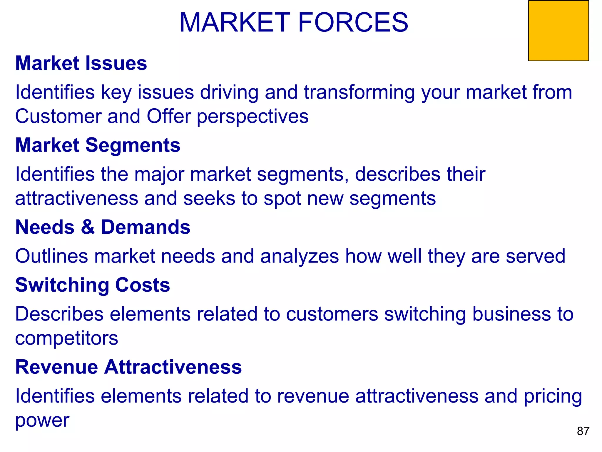 Market Issues
Identifies key issues driving and transforming your market from
Customer and Offer perspectives
Market Segments
Identifies the major market segments, describes their
attractiveness and seeks to spot new segments
Needs & Demands
Outlines market needs and analyzes how well they are served
Switching Costs
Describes elements related to customers switching business to
competitors
Revenue Attractiveness
Identifies elements related to revenue attractiveness and pricing
power
MARKET FORCES
87
 