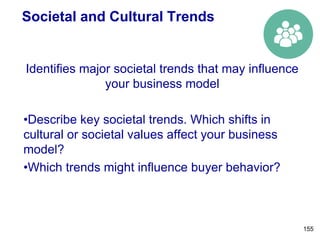 Societal and Cultural Trends
Identifies major societal trends that may influence
your business model
•Describe key societal trends. Which shifts in
cultural or societal values affect your business
model?
•Which trends might influence buyer behavior?
155
 