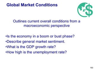 Global Market Conditions
Outlines current overall conditions from a
macroeconomic perspective
•Is the economy in a boom or bust phase?
•Describe general market sentiment.
•What is the GDP growth rate?
•How high is the unemployment rate?
163
 