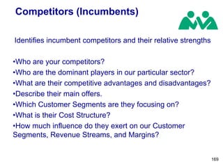 Competitors (Incumbents)
Identifies incumbent competitors and their relative strengths
•Who are your competitors?
•Who are the dominant players in our particular sector?
•What are their competitive advantages and disadvantages?
•Describe their main offers.
•Which Customer Segments are they focusing on?
•What is their Cost Structure?
•How much influence do they exert on our Customer
Segments, Revenue Streams, and Margins?
169
 