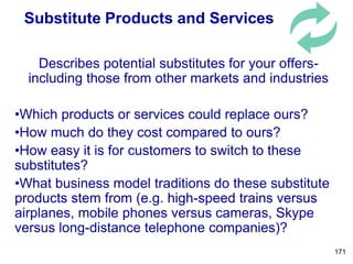 Substitute Products and Services
Describes potential substitutes for your offers-
including those from other markets and industries
•Which products or services could replace ours?
•How much do they cost compared to ours?
•How easy it is for customers to switch to these
substitutes?
•What business model traditions do these substitute
products stem from (e.g. high-speed trains versus
airplanes, mobile phones versus cameras, Skype
versus long-distance telephone companies)?
171
 
