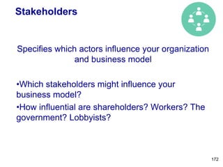 Stakeholders
Specifies which actors influence your organization
and business model
•Which stakeholders might influence your
business model?
•How influential are shareholders? Workers? The
government? Lobbyists?
172
 