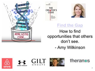 Find the Gap
How to find
opportunities that others
don’t see.
- Amy Wilkinson
7
 