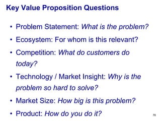Key Value Proposition Questions
• Problem Statement: What is the problem?
• Ecosystem: For whom is this relevant?
• Compet...