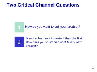 Two Critical Channel Questions
How do you want to sell your product?1
is subtle, but more important than the first:
How do...