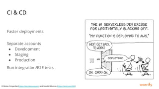 warrify
CI & CD
Faster deployments
Separate accounts
● Development
● Staging
● Production
Run integration/E2E tests
© Mislav Cimperšak (https://xkcd-excuse.com) and Randall Munroe (https://xkcd.com/303)
 
