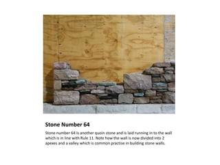 Stone Number 64
Stone number 64 is another quoin stone and is laid running in to the wall
which is in line with Rule 11. Note how the wall is now divided into 2
apexes and a valley which is common practise in building stone walls.
 