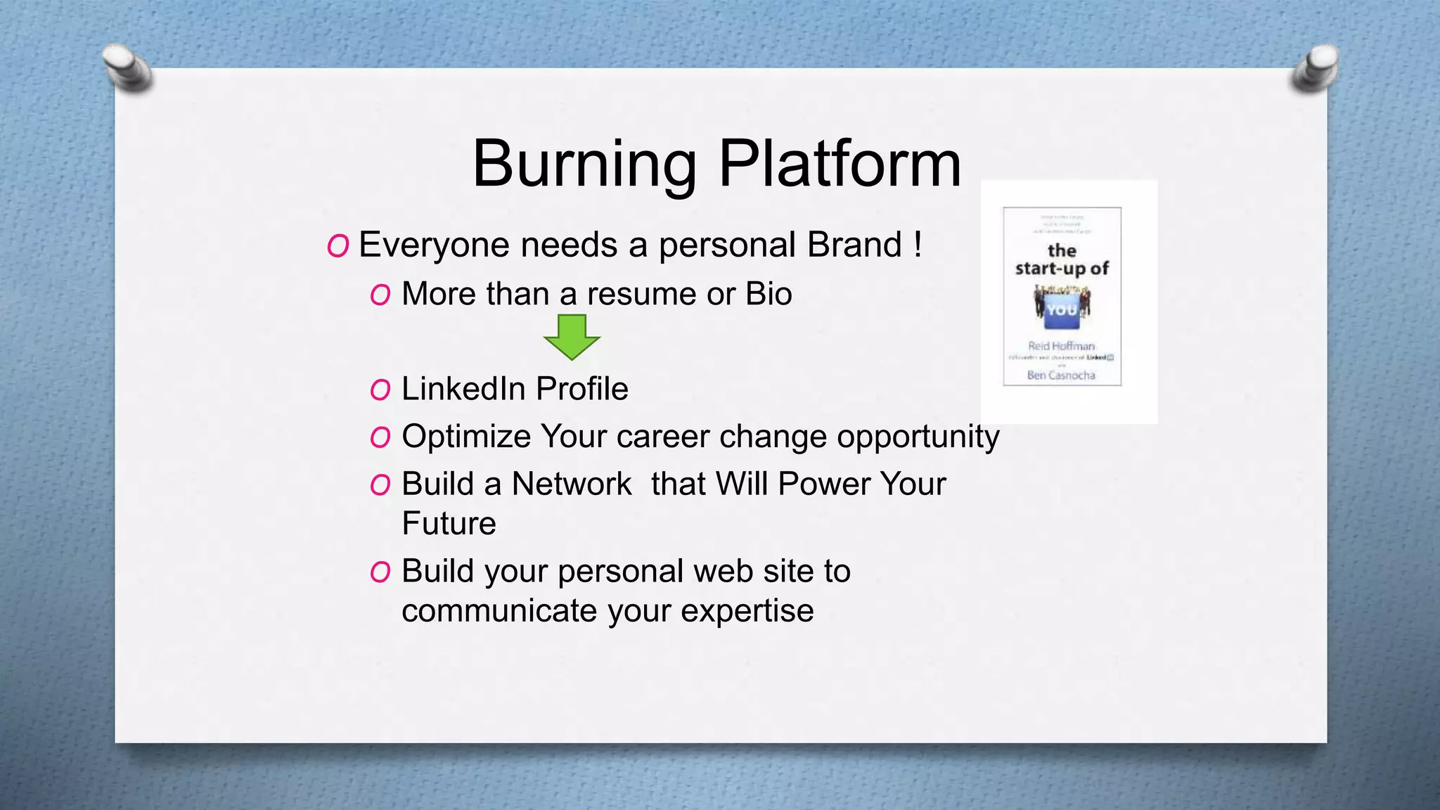 Burning Platform
O Everyone needs a personal Brand !
O More than a resume or Bio
O LinkedIn Profile
O Optimize Your career change opportunity
O Build a Network that Will Power Your
Future
O Build your personal web site to
communicate your expertise
 