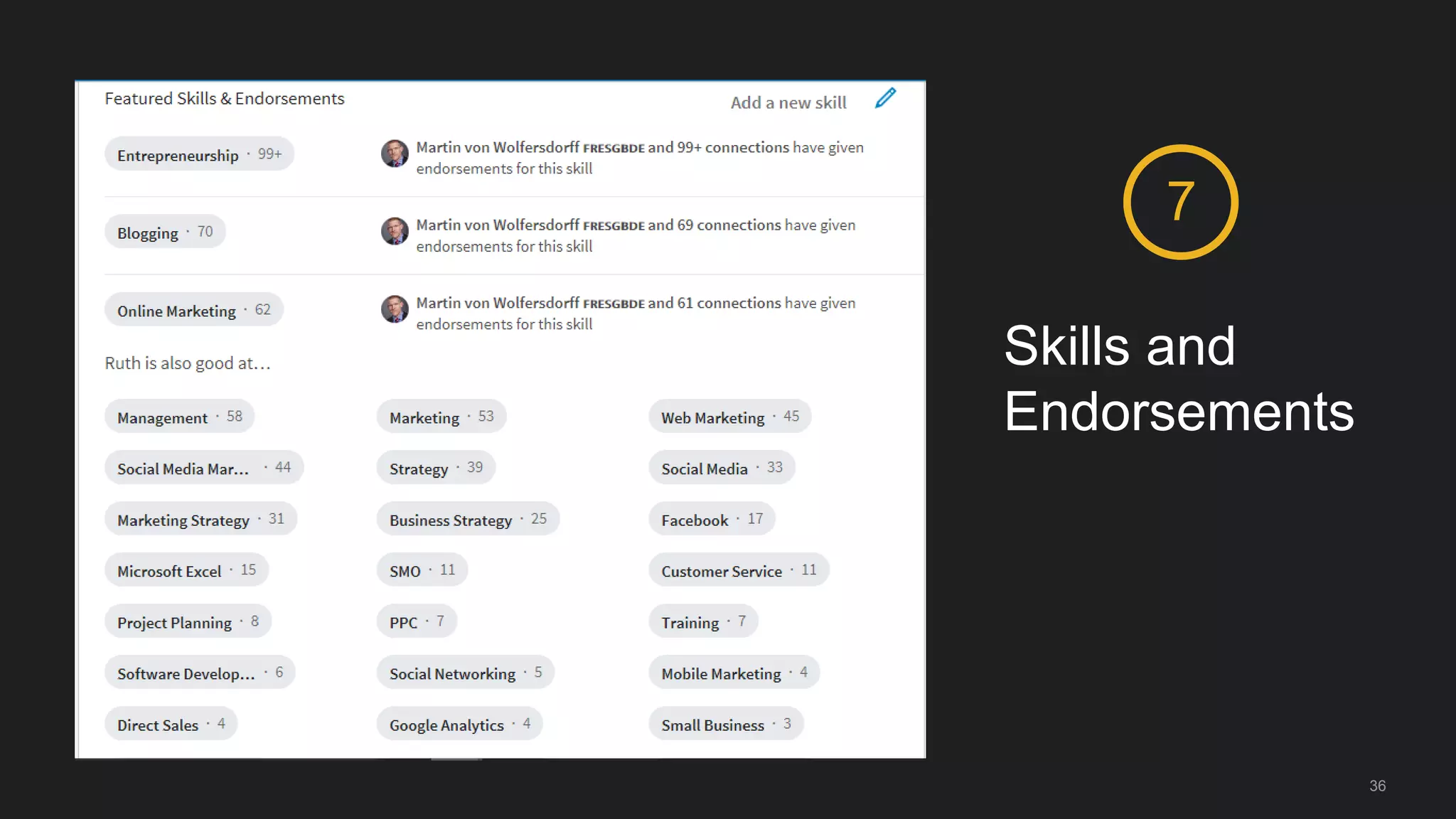 36
Skills and
Endorsements
7
 