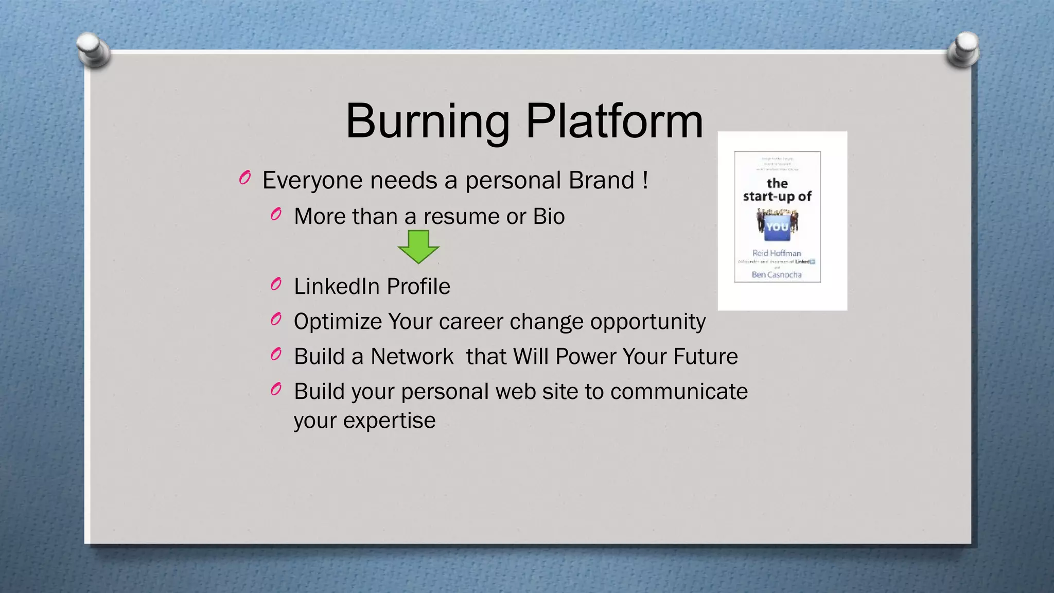 Burning Platform
O Everyone needs a personal Brand !
O More than a resume or Bio
O LinkedIn Profile
O Optimize Your career change opportunity
O Build a Network that Will Power Your Future
O Build your personal web site to communicate
your expertise
 
